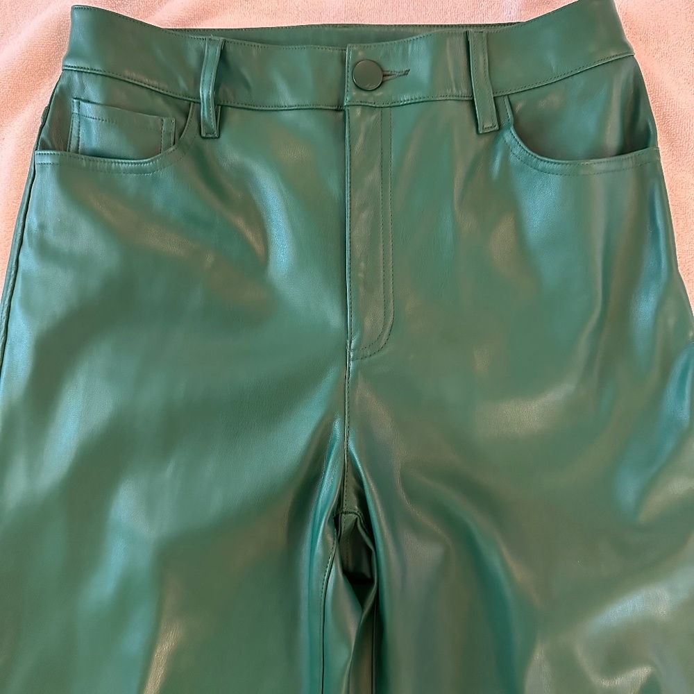 INC green pleather pants, slit detached at bottom of leg